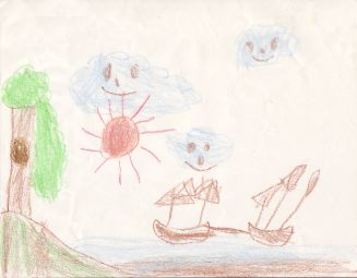 Child's drawing of smiling clouds